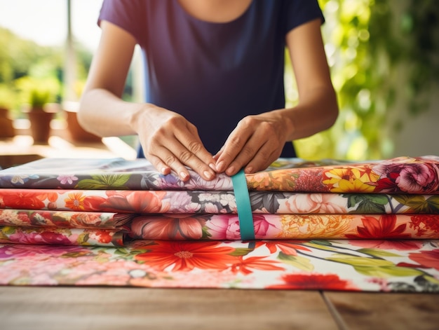 Femme emballant des cadeaux avec du papier d'emballage sur le thème des vacances