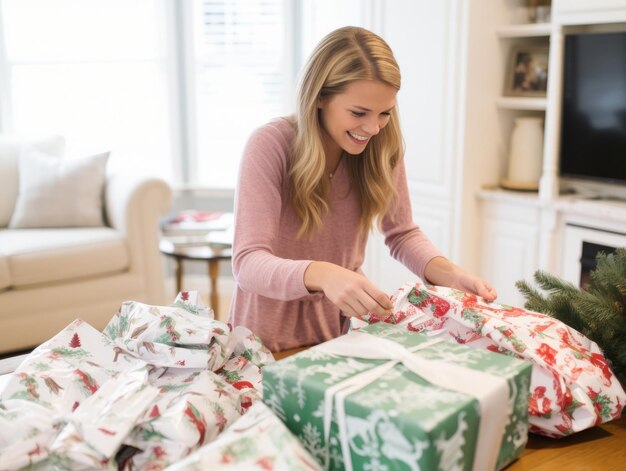 Femme emballant des cadeaux avec du papier d'emballage sur le thème des vacances