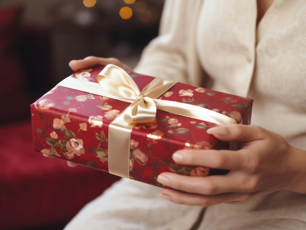 Femme emballant des cadeaux avec du papier d'emballage sur le thème des vacances