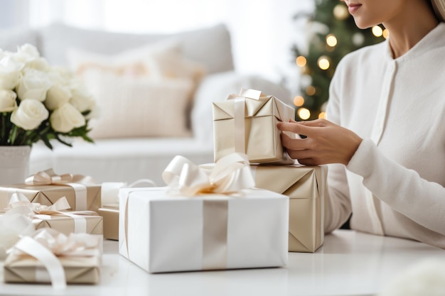 Femme emballant un tas de cadeaux de Noël dans le salon décoré idée de l'esprit de Noël