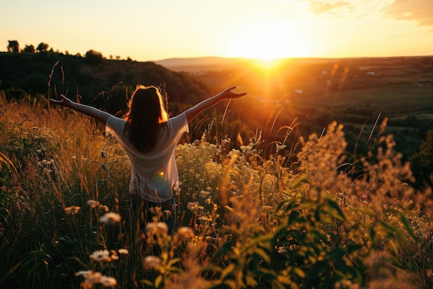 Une femme embrassant la nature avec joie et les bras ouverts