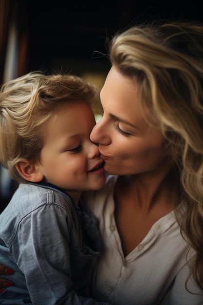 une femme embrasse un enfant avec le mot sur la poitrine