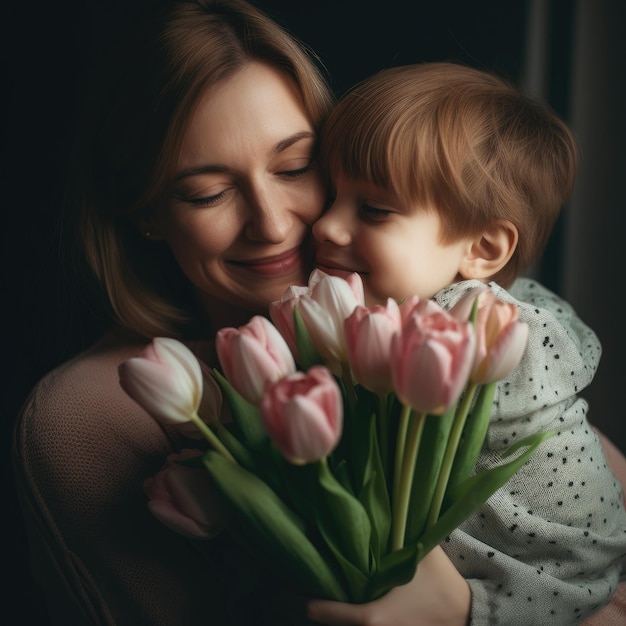 Une femme embrasse un petit garçon avec des tulipes.