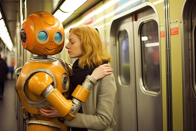 Une femme embrasse un robot dans un métro.