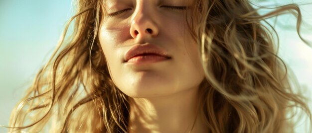 Une femme embrassée par le soleil avec les yeux fermés appréciant un moment de tranquillité ses cheveux blonds ébouriffés par la brise