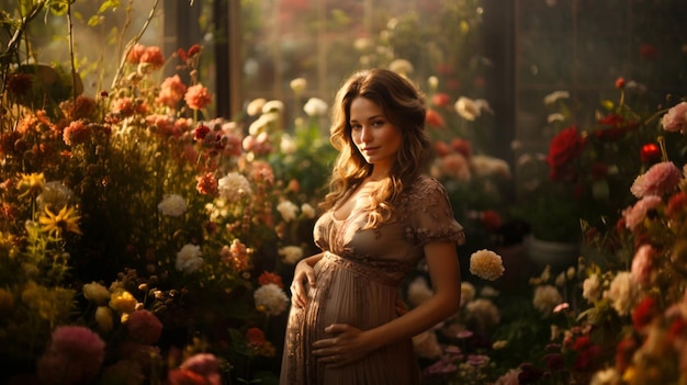 Une femme enceinte dans un jardin fleuri