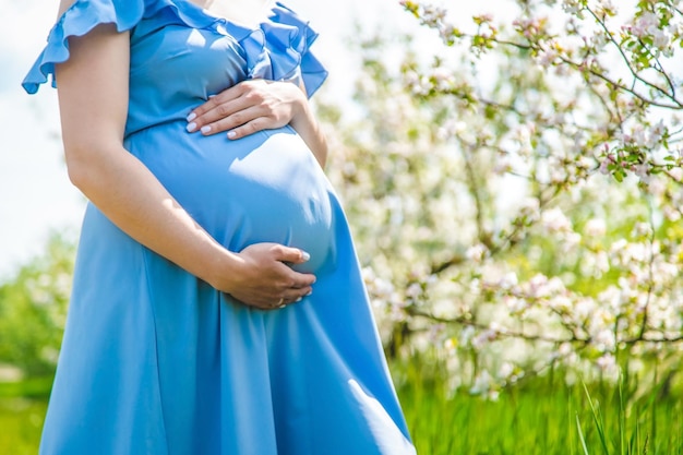 Femme enceinte dans le jardin des pommiers en fleurs Mise au point sélective