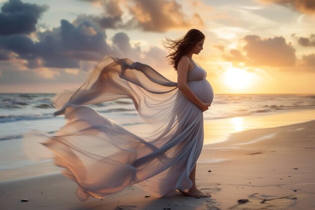 Une femme enceinte dans une robe flottante sur une plage au coucher du soleil