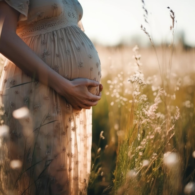 Une femme enceinte debout dans un champ d'été entouré par la nature touchant son ventre Generative AI