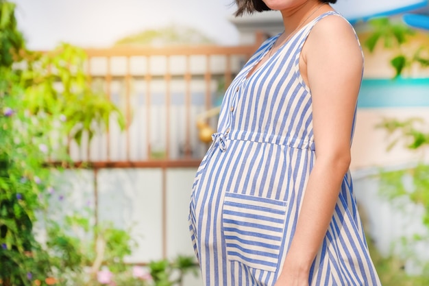 Femme enceinte debout à la maison avec espace de copie Concept de grossesse