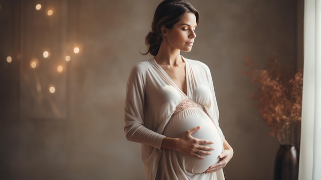 Une femme enceinte est représentée au milieu d’une pose de yoga