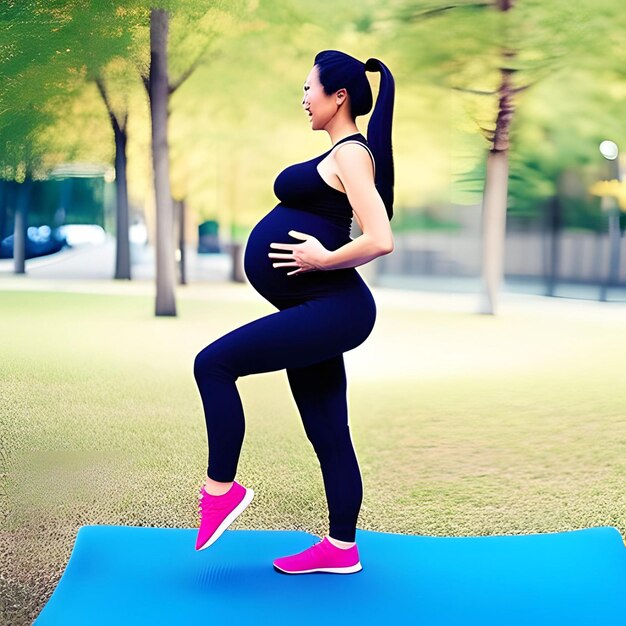 Une femme enceinte exerce dans la belle nature