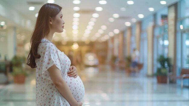 Femme enceinte avec un fond flou de l'hôpital