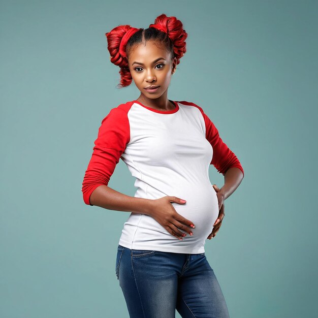 Photo femme enceinte grossesse maternité une fille enceinte en jeans et une chemise rouge