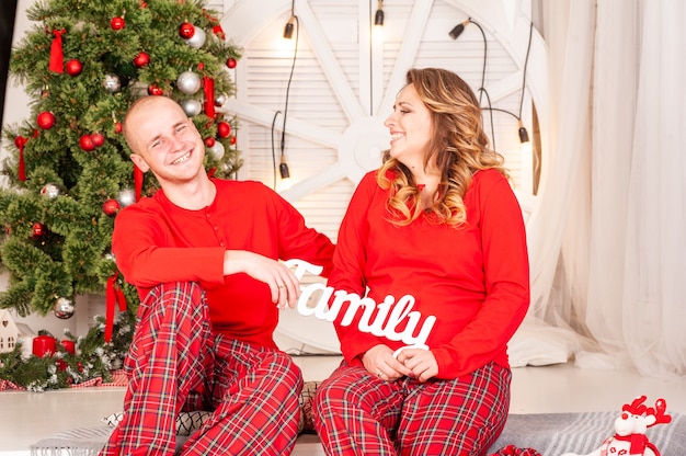 Femme enceinte avec homme près de sapin de Noël