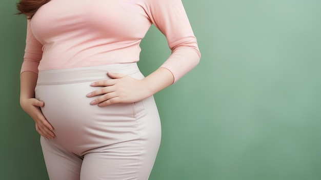 Une femme enceinte joyeuse met ses mains sur son abdomen.