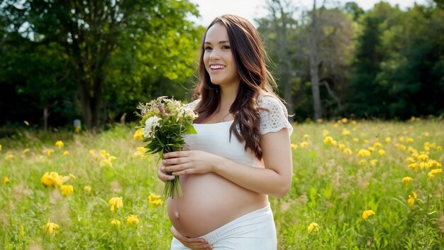 Une femme enceinte joyeuse tenant des fleurs.