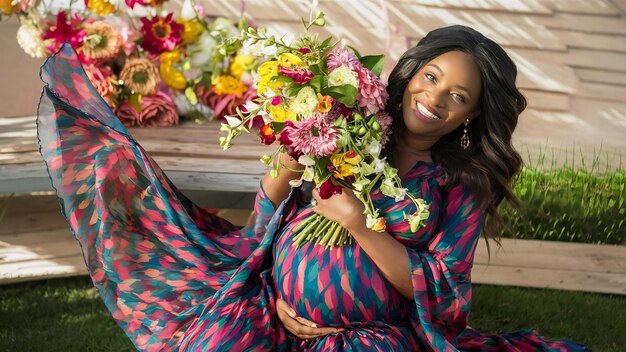 Photo une femme enceinte joyeuse tenant des fleurs.