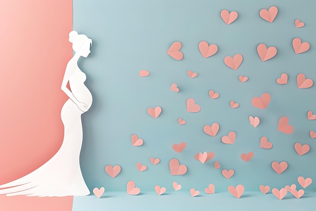 Photo femme enceinte en longue robe avec cœur sur le ventre couleur pastel illustration 3d minimaliste pour une grossesse heureuse