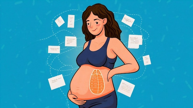 Une femme enceinte avec des notes sur le corps.