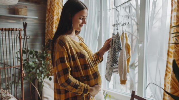 Photo une femme enceinte prépare des vêtements pour bébé sur une corde à linge à l'intérieur