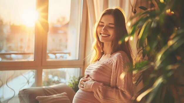 Une femme enceinte rayonnante souriant au lever du soleil