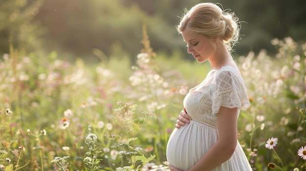 Une femme enceinte sereine apprécie le coucher de soleil dans une prairie de fleurs sauvages en fleurs.