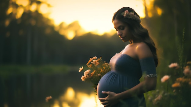 une femme enceinte sereine en Louisiane, au milieu d'un paysage marécageux luxuriant, elle se tient gracieusement