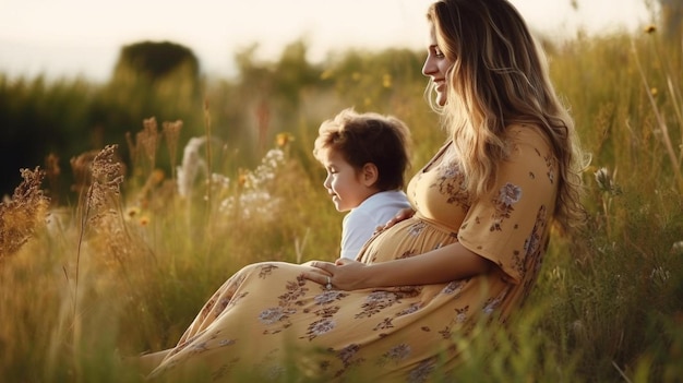 une femme enceinte et son fils sont assis dans un champ de fleurs