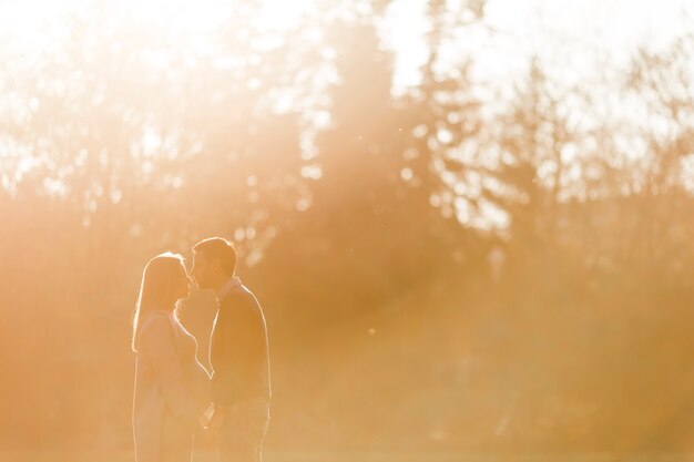 Femme enceinte et son homme affectueux posant au parc d&#39;automne