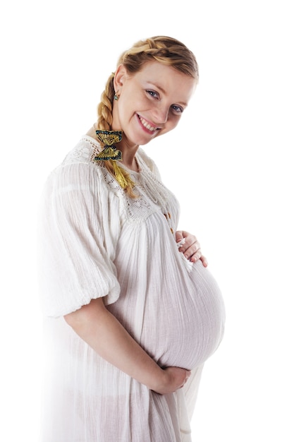 Femme enceinte, sourire, isolé, blanc