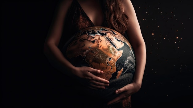 Une femme enceinte tient un globe devant un fond noir.