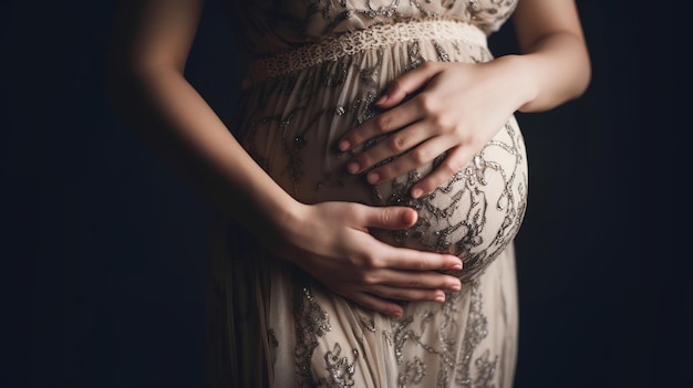Une femme enceinte tient ses mains sur son estomac en gros plan au centre de son estomac le bokeh est assombri derrière une chambre d'enfant généré par l'IA
