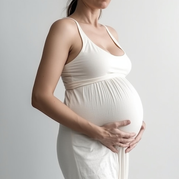 Une femme enceinte tient son ventre et porte une robe blanche.