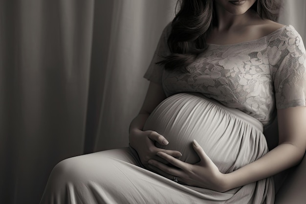 Une femme enceinte vêtue de vêtements vibrants est assise et tient son ventre