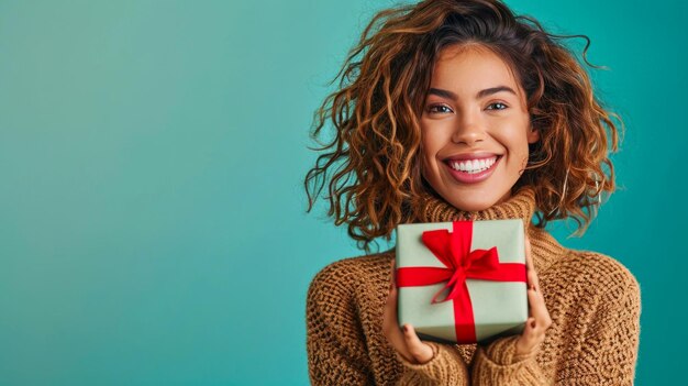 Photo une femme enchantée tient un cadeau en tricot