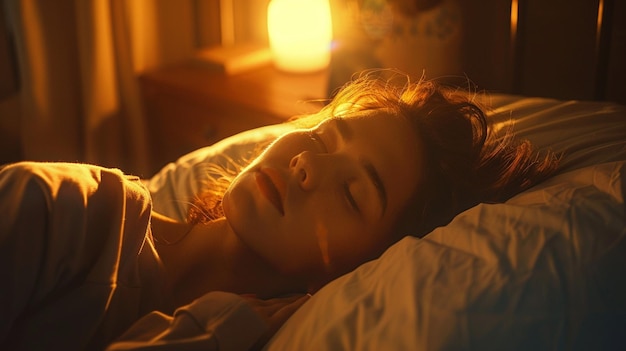 une femme endormie dans le lit avec la lumière sur son visage