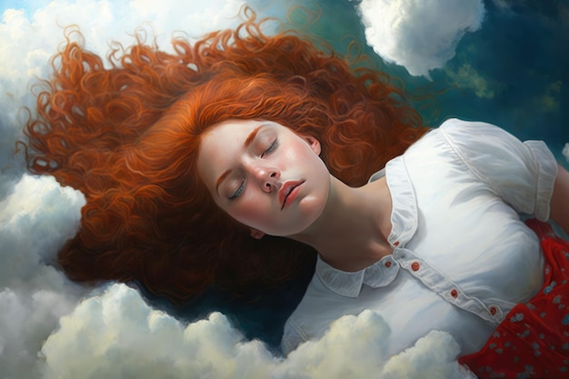 Une femme endormie heureuse repose sur un nuage serein et calme paisible dans le ciel relaxant