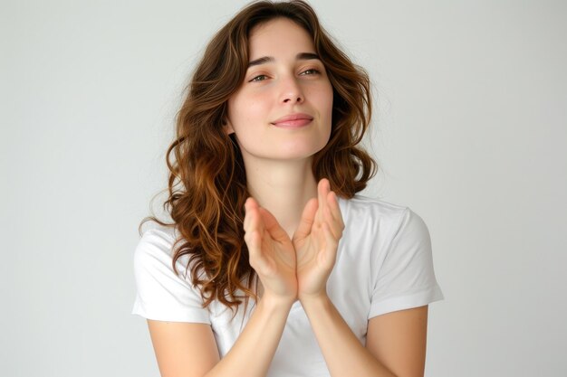 Une femme énergique applaudissant dans un t-shirt blanc à l'arrière-plan isolé