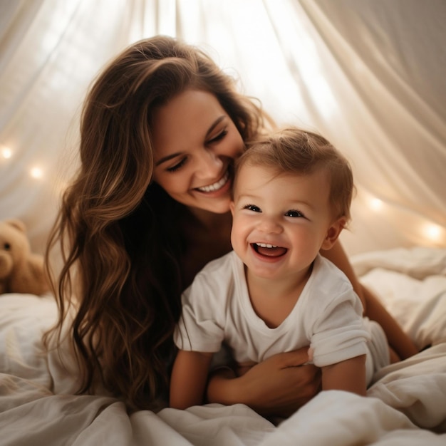 Femme et enfant allongé sur le lit avec des draps blancs et des ours en peluche