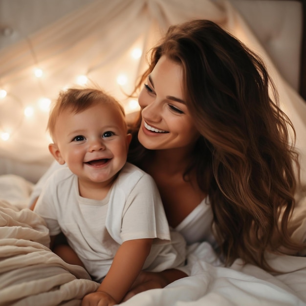 Femme et enfant allongé sur le lit avec des lumières en arrière-plan