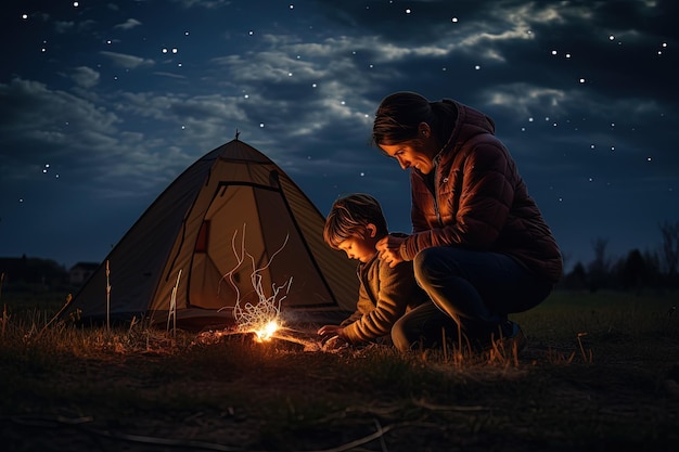 Une femme et un enfant assis devant un feu de camp