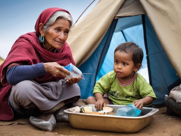 une femme et un enfant assis devant une tente avec un enfant