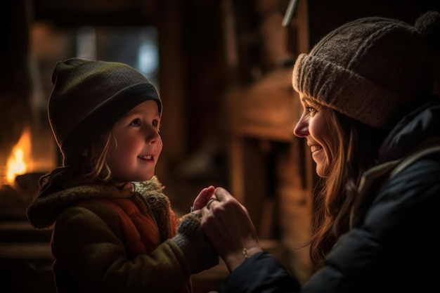 Une femme et un enfant dans une cabane à la lumière chaude