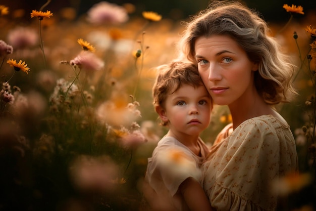 Une femme et un enfant dans un champ de fleurs