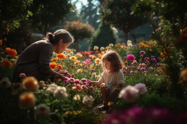 Une femme et un enfant dans un jardin