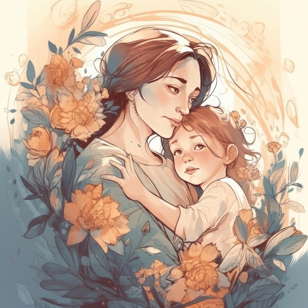 Une femme et un enfant dans un portrait floral