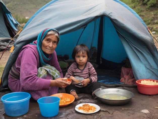une femme et un enfant à l'extérieur d'une tente avec de la nourriture