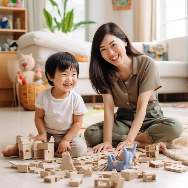 une femme et un enfant jouant avec un bloc de bois avec une maison faite par une mère