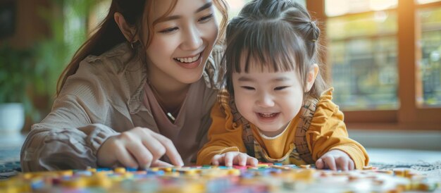 Photo une femme et un enfant jouent à des puzzles